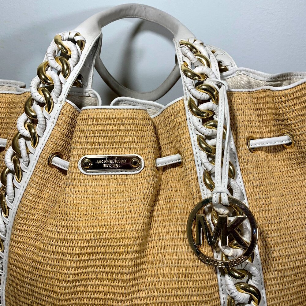 Michael Kors Sutton Leather and Straw Bucket Bag
